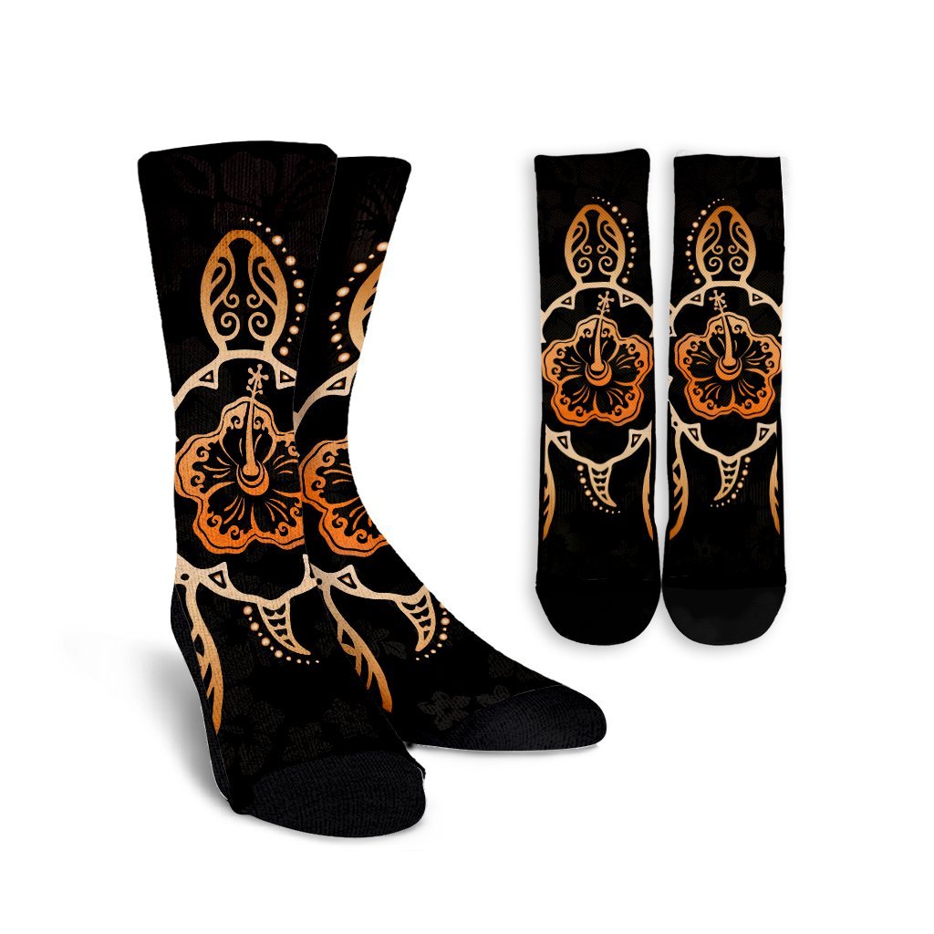 Hawaiian Turtle And Hibiscus Polynesian Crew Socks Orange - AH Crew Socks White - Polynesian Pride