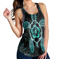 Hawaiian Turtle And Hibiscus Polynesian Racerback Tank Turquoise - AH - Polynesian Pride