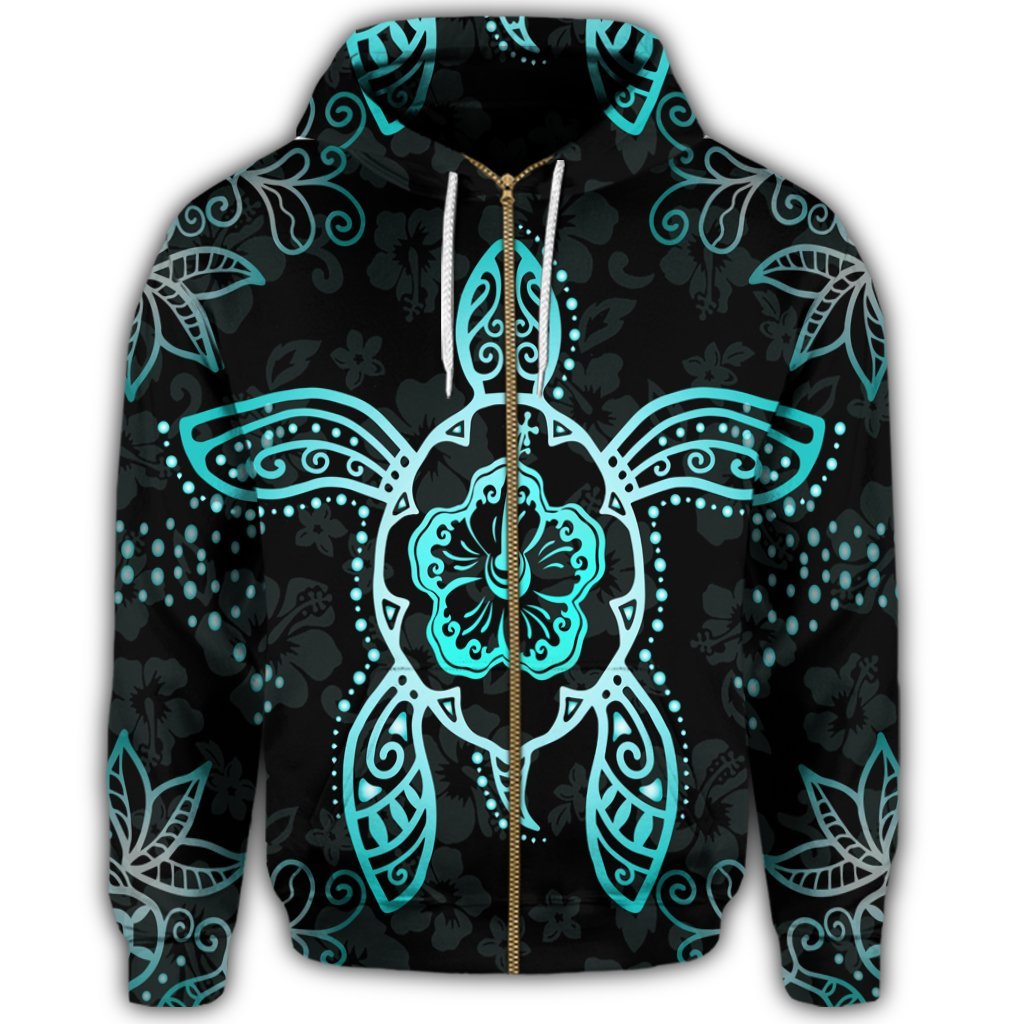 Hawaiian Turtle and Hibiscus Polynesian Zip Hoodie Turquoise - Polynesian Pride