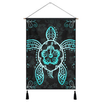 Hawaiian Turtle And Hibiscus Polynesian Hanging Poster Turquoise - AH Hanging Poster Cotton And Linen - Polynesian Pride