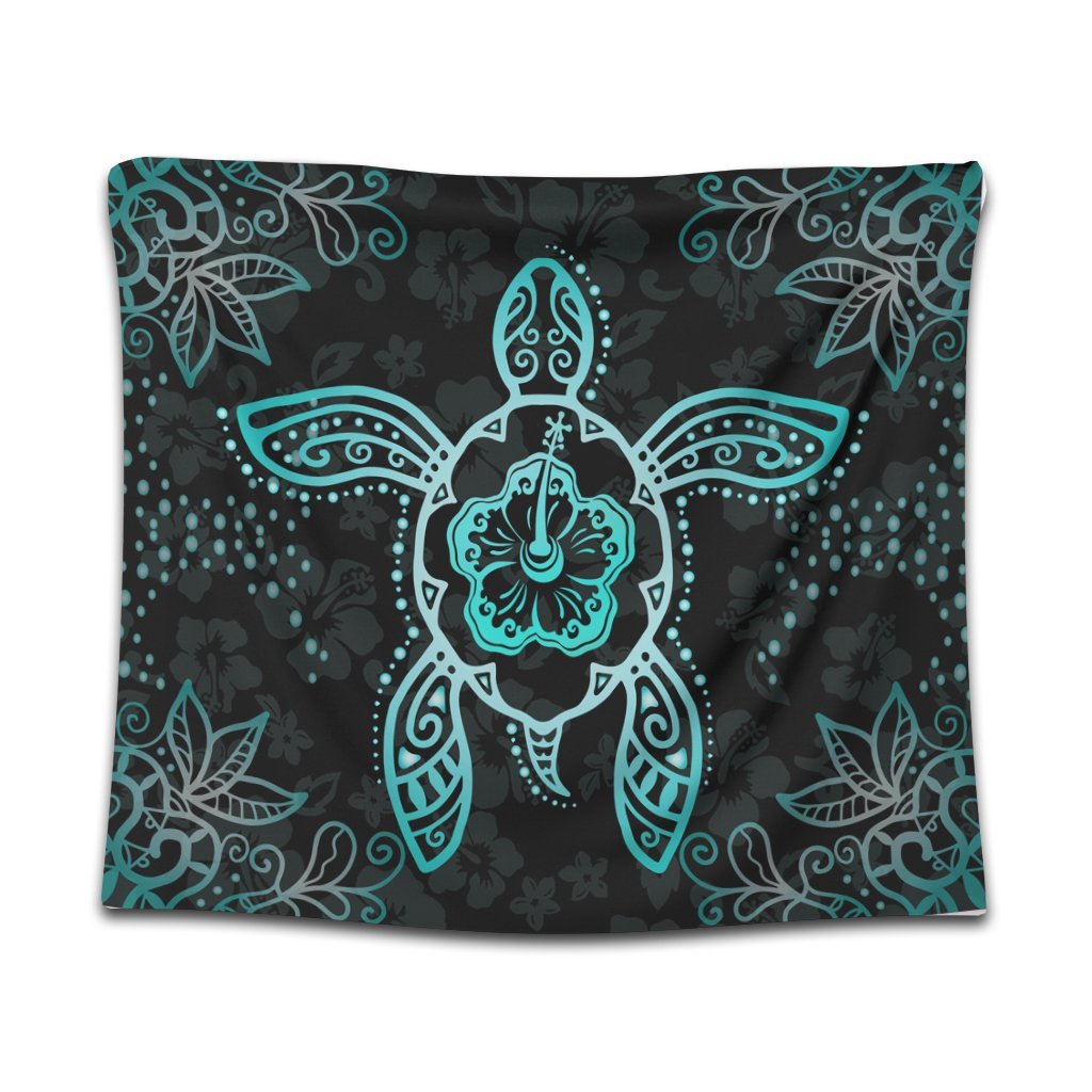 Hawaiian Turtle And Hibiscus Polynesian Tapestry Turquoise - AH Wall Tapestry Black - Polynesian Pride