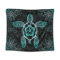 Hawaiian Turtle And Hibiscus Polynesian Tapestry Turquoise - AH Wall Tapestry Black - Polynesian Pride