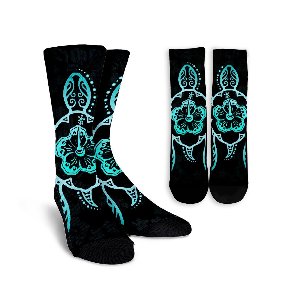 Hawaiian Turtle And Hibiscus Polynesian Crew Socks Turquoise - AH Crew Socks White - Polynesian Pride