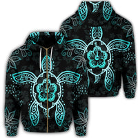 Hawaiian Turtle and Hibiscus Polynesian Zip Hoodie Turquoise Unisex Art - Polynesian Pride