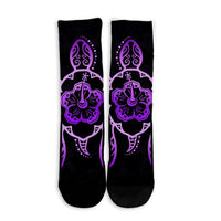 Hawaiian Turtle And Hibiscus Polynesian Crew Socks Violet - AH - Polynesian Pride