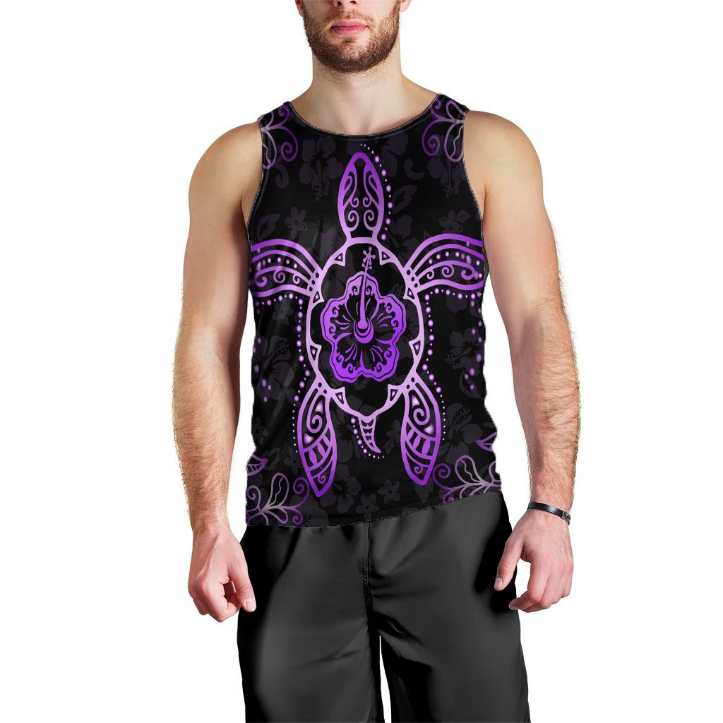 Hawaiian Turtle And Hibiscus Polynesian Tank Top Violet - AH Black - Polynesian Pride