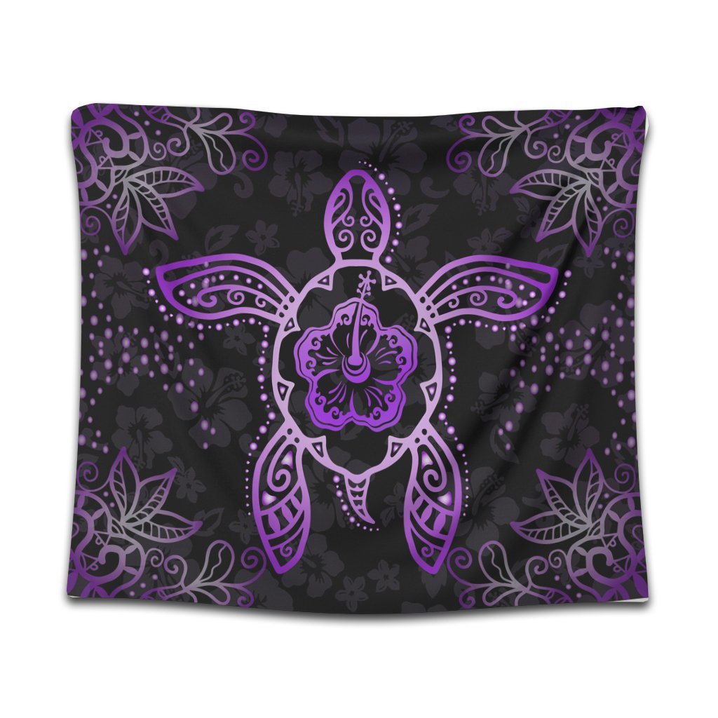 Hawaiian Turtle And Hibiscus Polynesian Tapestry Violet - AH Wall Tapestry Black - Polynesian Pride