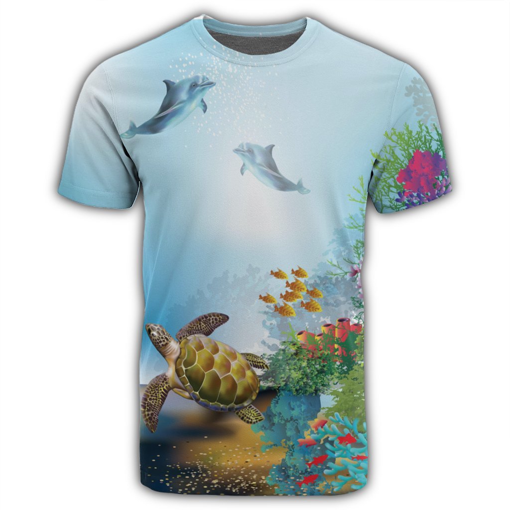 Hawaiian Turtle Dolphin In The Ocean Polynesian T Shirt AH - Polynesian Pride