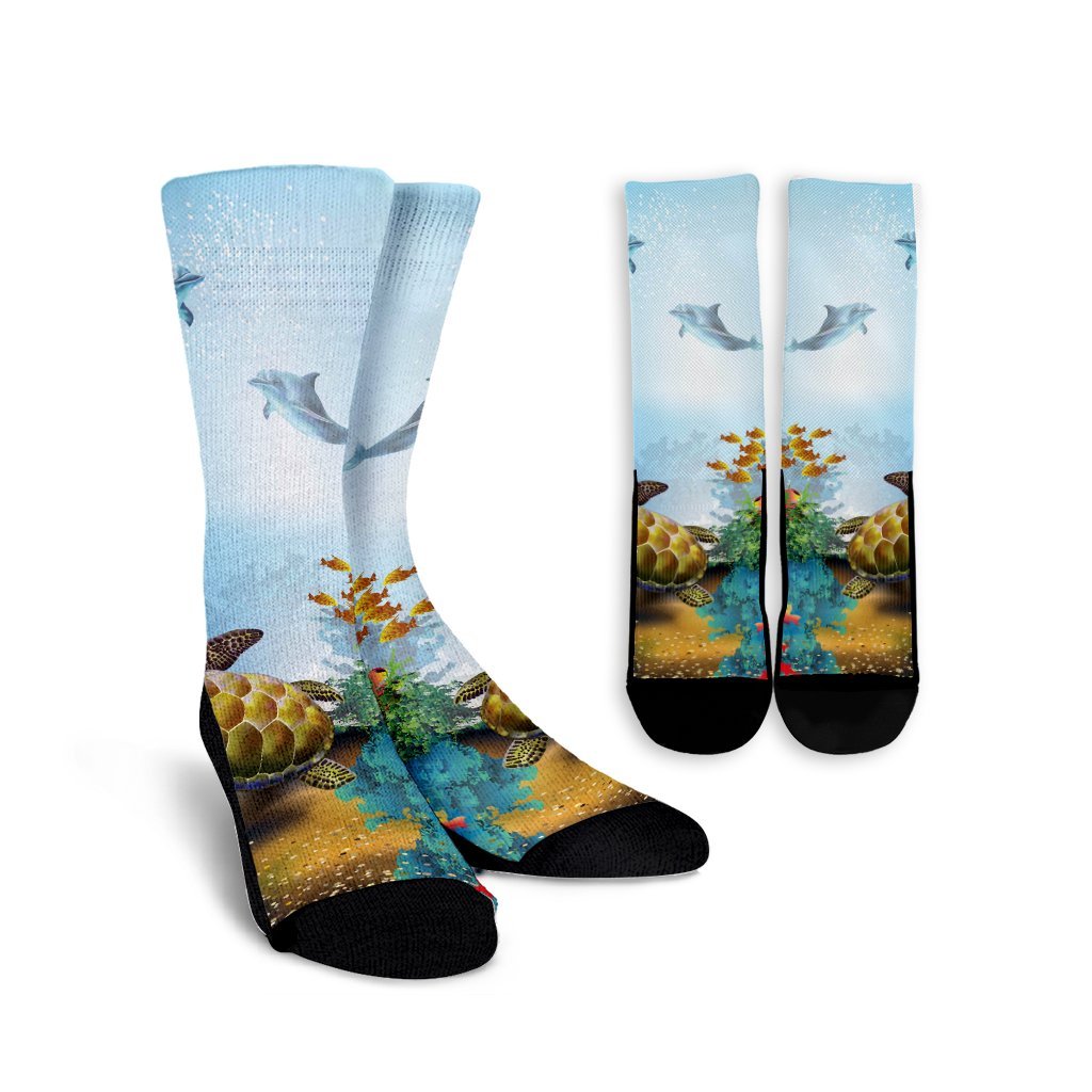 Hawaiian Turtle Dolphin In The Ocean Polynesian Crew Socks - AH Crew Socks White - Polynesian Pride