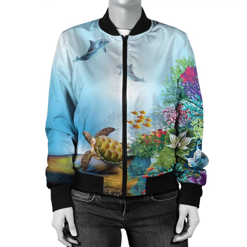 Hawaiian Turtle Dolphin In The Ocean Polynesian Bomber Jacket - AH - Polynesian Pride