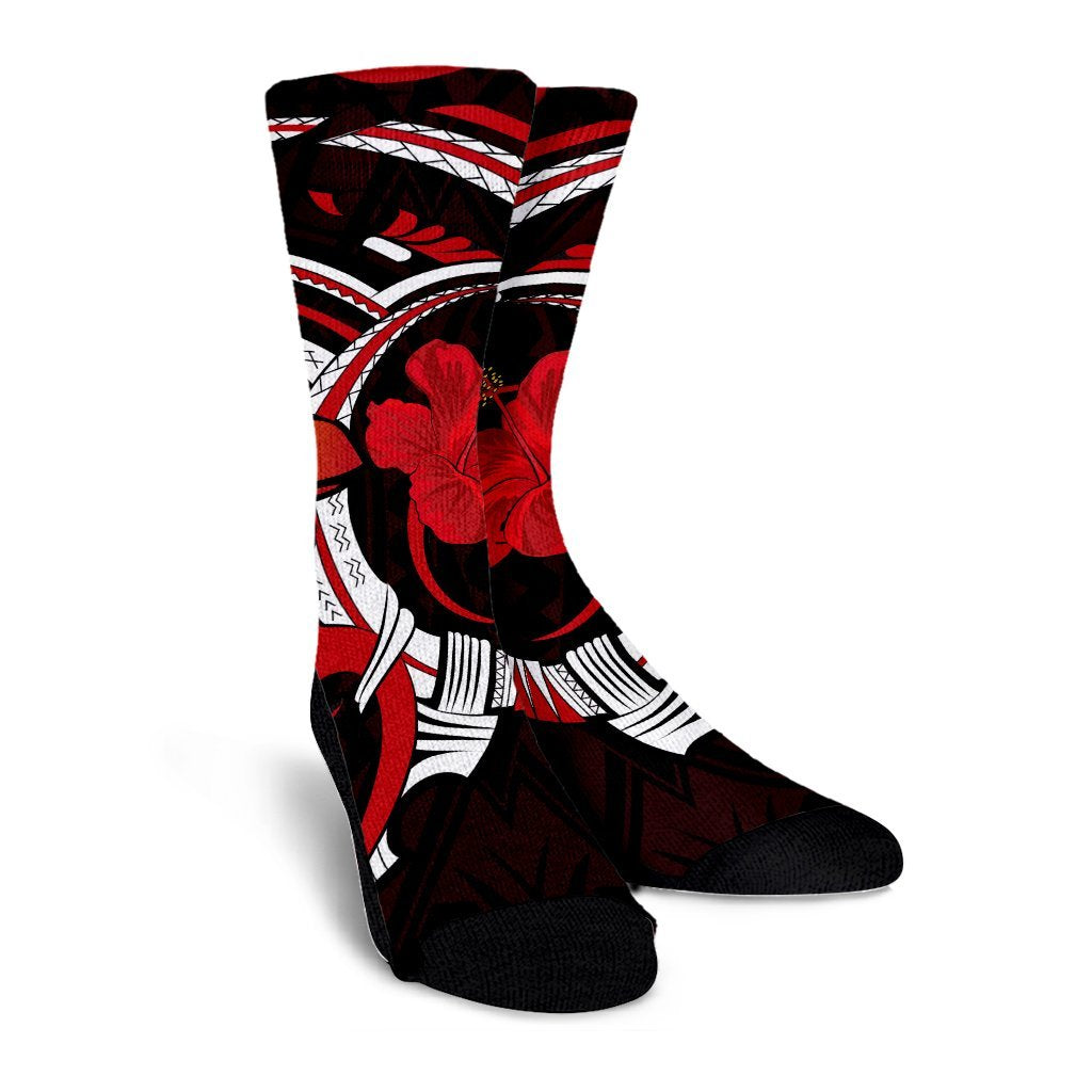 Hawaiian Turtle Hibiscus And Plumeria Flower Polynesian Crew Socks - AH - Polynesian Pride