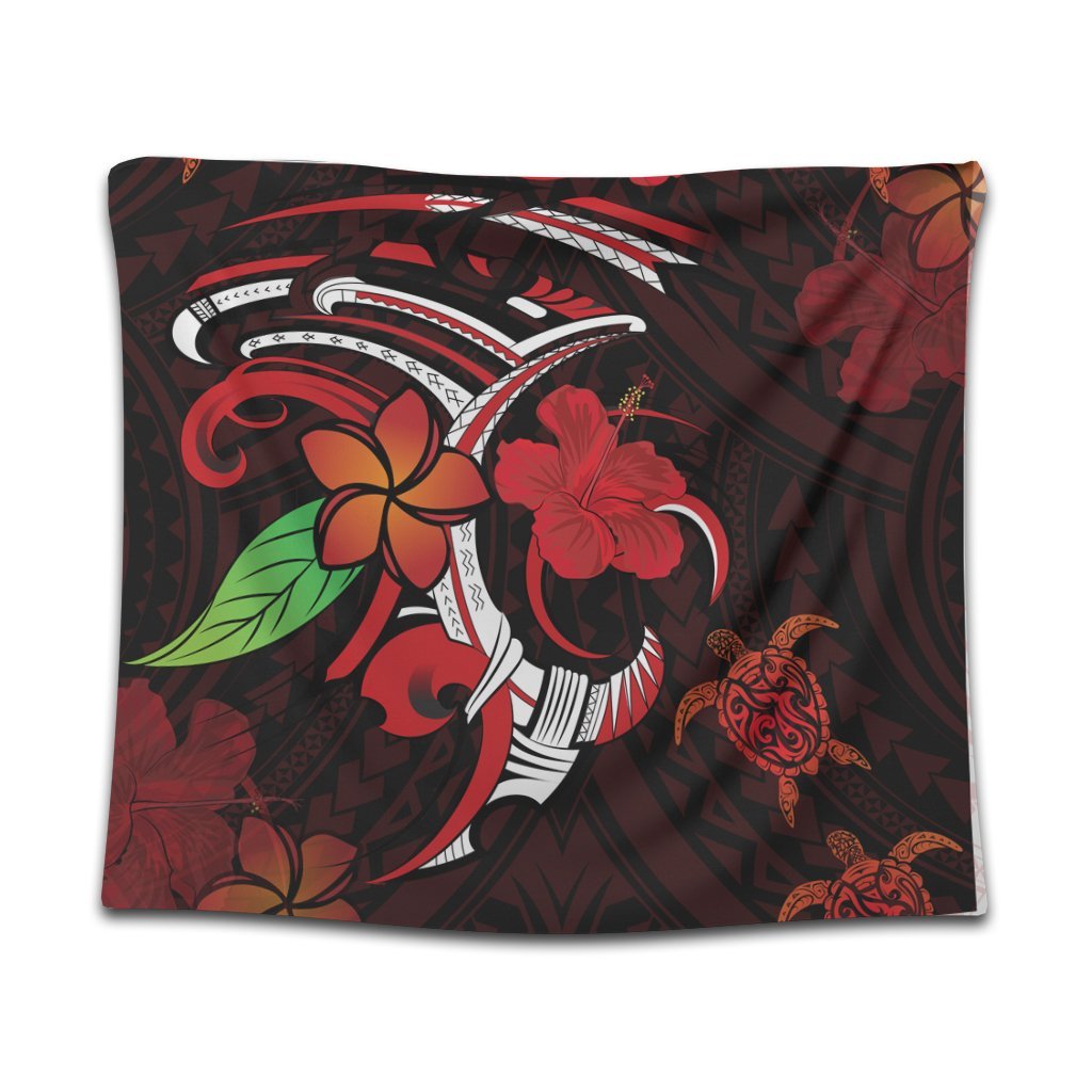 Hawaiian Turtle Hibiscus And Plumeria Flower Polynesian Tapestry - AH Wall Tapestry Black - Polynesian Pride