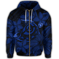 Hawaiian Turtle Hibiscus Plumeria Kanaka Polynesian Zip Hoodie Blue Soft Style - Polynesian Pride