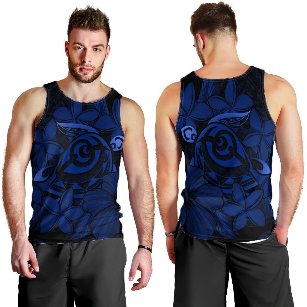Hawaiian Turtle Hibiscus Plumeria Kanaka Polynesian Tank Top Blue - Soft Style - AH - Polynesian Pride