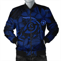 Hawaiian Turtle Hibiscus Plumeria Kanaka Polynesian Bomber Jacket Blue - Soft Style - AH Black Unisex - Polynesian Pride
