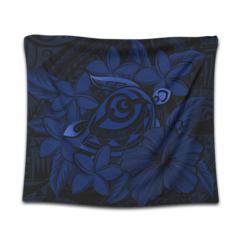 Hawaiian Turtle Hibiscus Plumeria Kanaka Polynesian Tapestry Blue - Soft Style - AH Wall Tapestry Black - Polynesian Pride