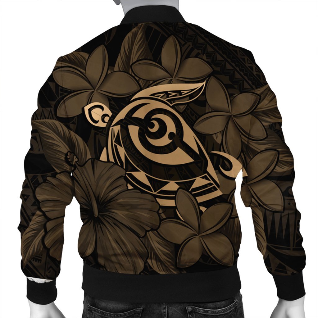 Hawaiian Turtle Hibiscus Plumeria Kanaka Polynesian Bomber Jacket Gold - Soft Style - AH - Polynesian Pride