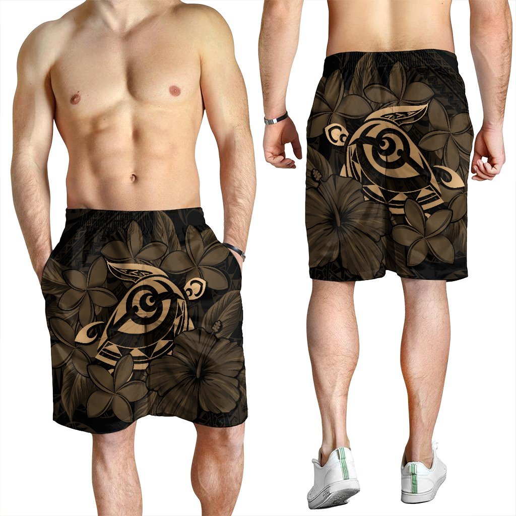 Hawaiian Turtle Hibiscus Plumeria Kanaka Polynesian Men's Shorts Gold - Soft Style - AH - Polynesian Pride