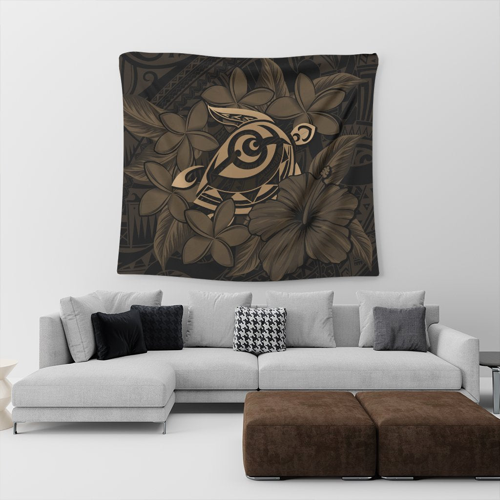 Hawaiian Turtle Hibiscus Plumeria Kanaka Polynesian Tapestry Gold - Soft Style - AH - Polynesian Pride