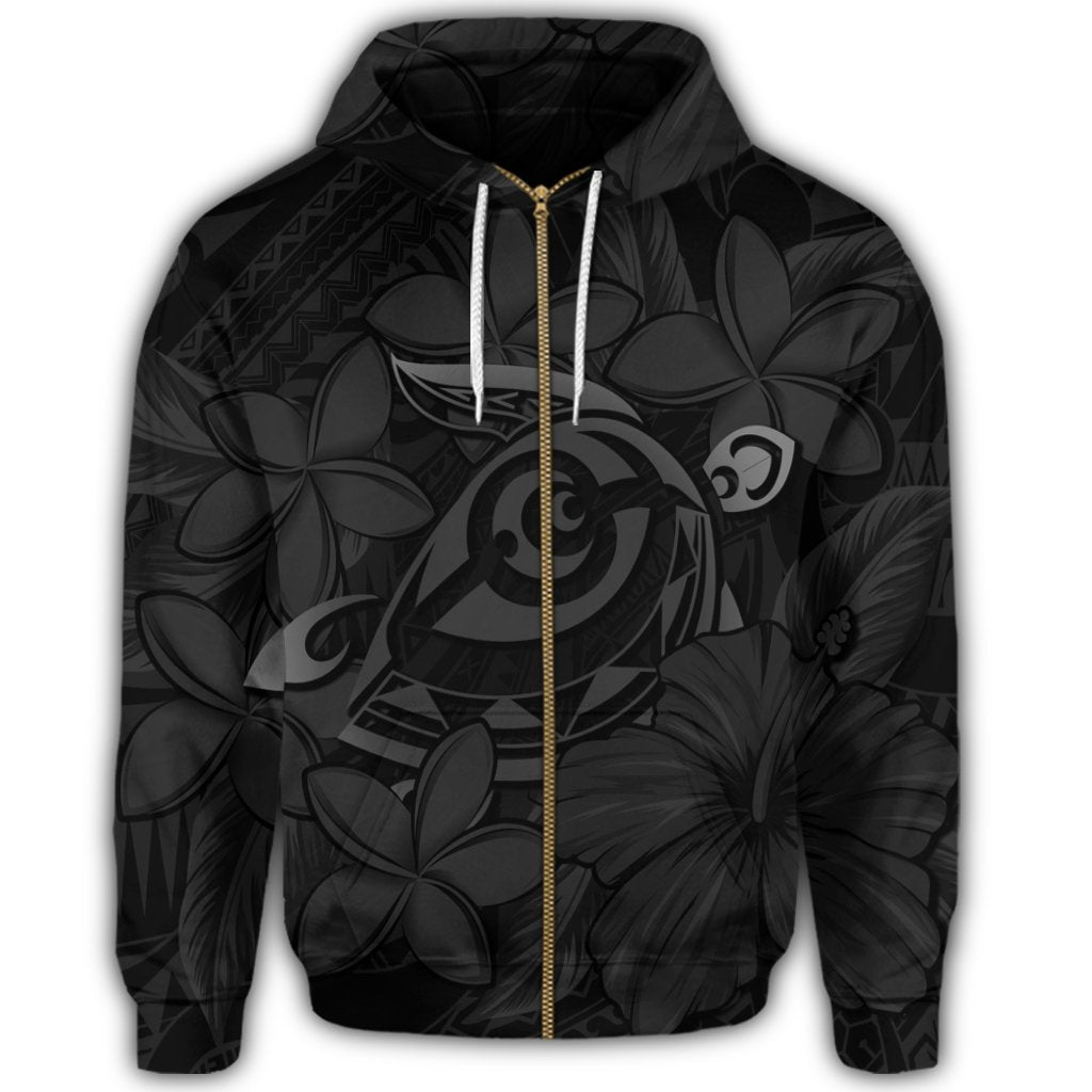 Hawaiian Turtle Hibiscus Plumeria Kanaka Polynesian Zip Hoodie Gray Soft Style - Polynesian Pride