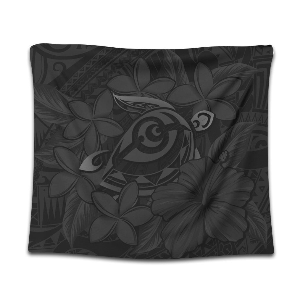 Hawaiian Turtle Hibiscus Plumeria Kanaka Polynesian Tapestry Gray - Soft Style - AH Wall Tapestry Black - Polynesian Pride