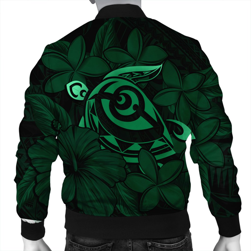 Hawaiian Turtle Hibiscus Plumeria Kanaka Polynesian Bomber Jacket Green - Soft Style - AH - Polynesian Pride