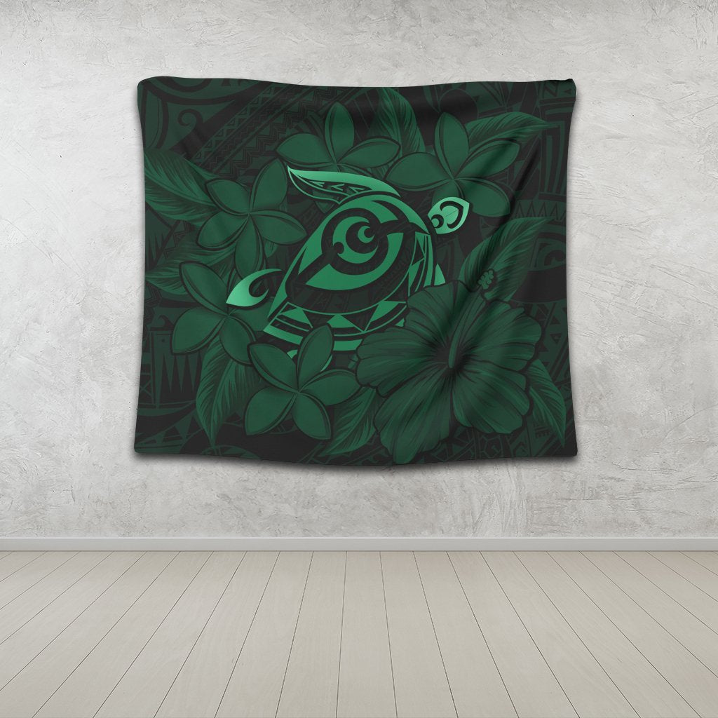 Hawaiian Turtle Hibiscus Plumeria Kanaka Polynesian Tapestry Green - Soft Style - AH - Polynesian Pride