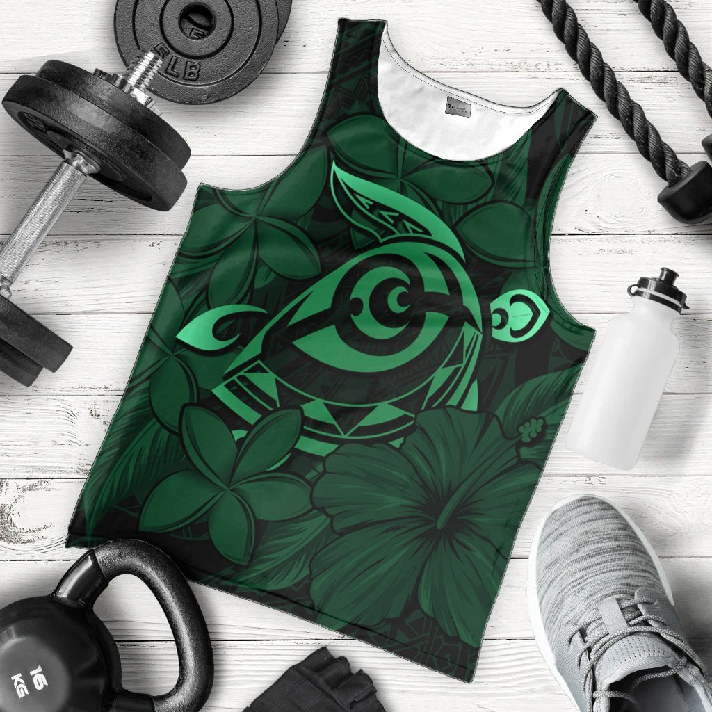 Hawaiian Turtle Hibiscus Plumeria Kanaka Polynesian Tank Top Green - Soft Style - AH - Polynesian Pride