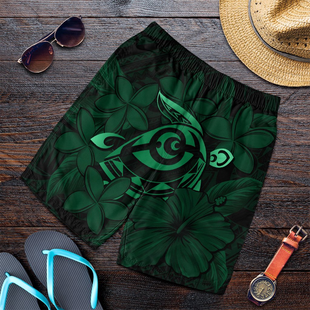 Hawaiian Turtle Hibiscus Plumeria Kanaka Polynesian Men's Shorts Green - Soft Style - AH Art - Polynesian Pride