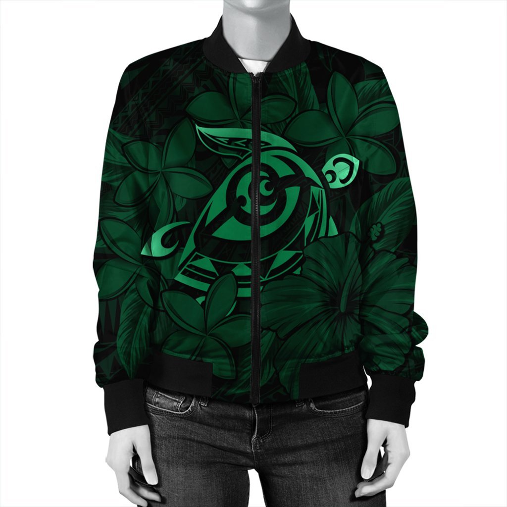 Hawaiian Turtle Hibiscus Plumeria Kanaka Polynesian Bomber Jacket Green - Soft Style - AH - Polynesian Pride