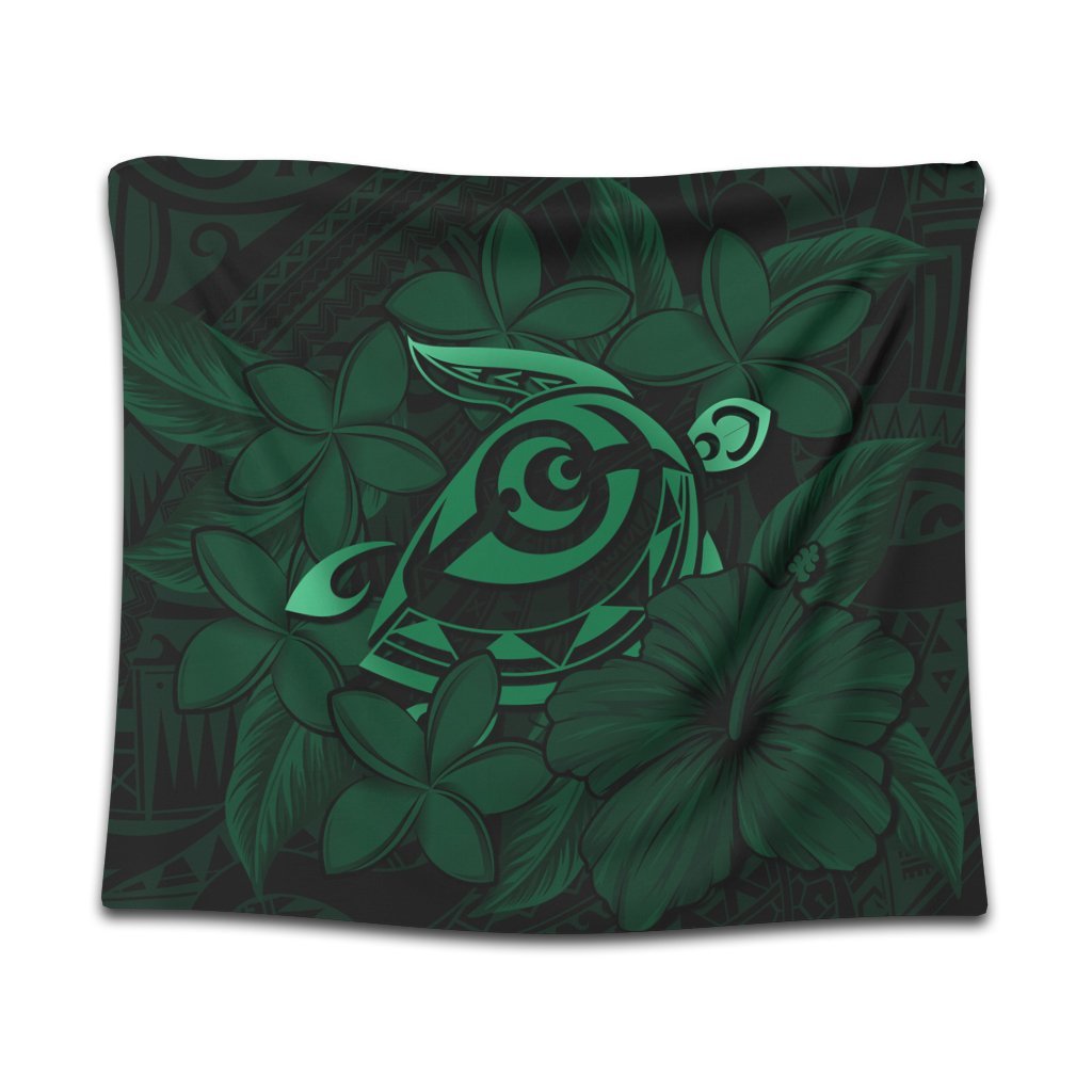 Hawaiian Turtle Hibiscus Plumeria Kanaka Polynesian Tapestry Green - Soft Style - AH Wall Tapestry Black - Polynesian Pride