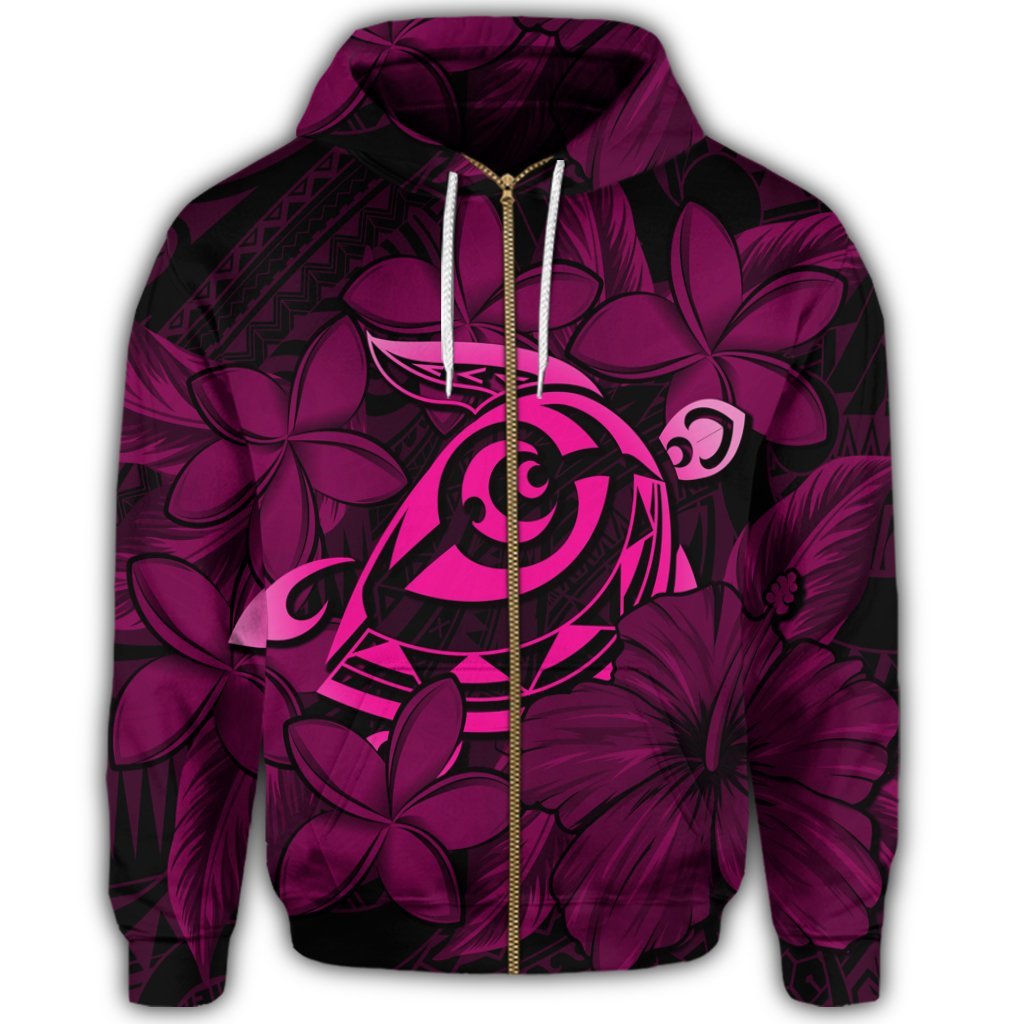 Hawaiian Turtle Hibiscus Plumeria Kanaka Polynesian Zip Hoodie Pink Soft Style - Polynesian Pride