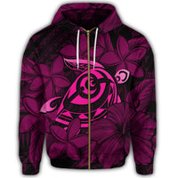Hawaiian Turtle Hibiscus Plumeria Kanaka Polynesian Zip Hoodie Pink Soft Style - Polynesian Pride
