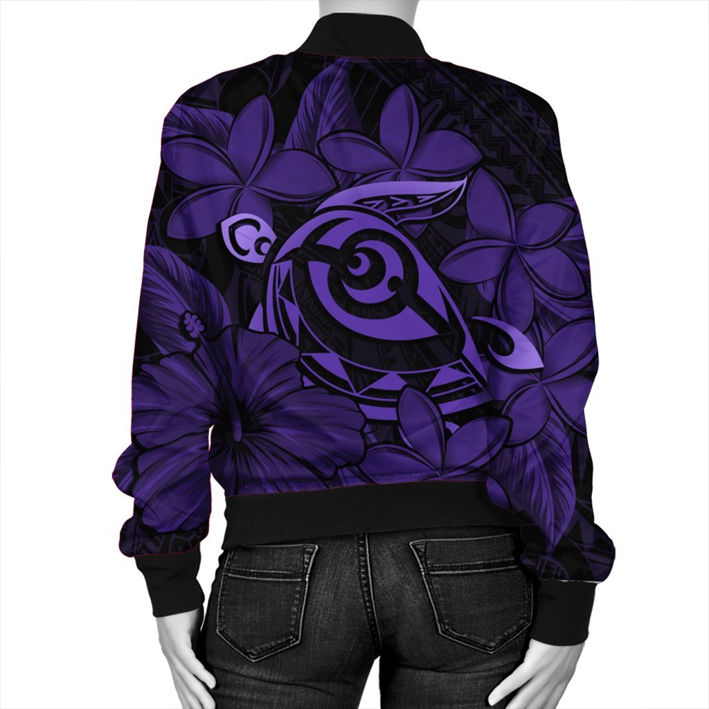 Hawaiian Turtle Hibiscus Plumeria Kanaka Polynesian Bomber Jacket Purple - Soft Style - AH - Polynesian Pride