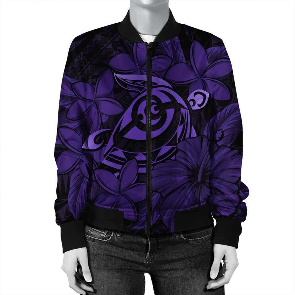 Hawaiian Turtle Hibiscus Plumeria Kanaka Polynesian Bomber Jacket Purple - Soft Style - AH - Polynesian Pride