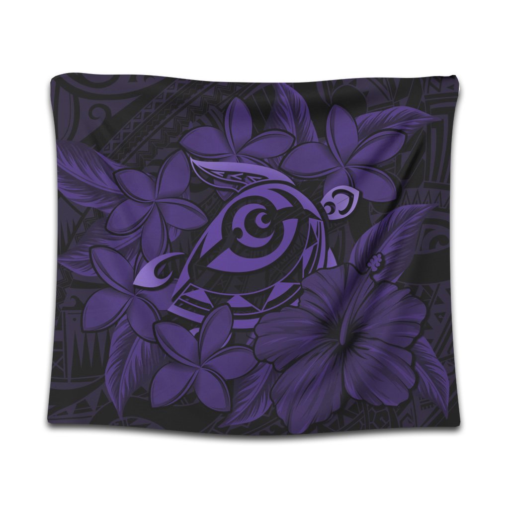 Hawaiian Turtle Hibiscus Plumeria Kanaka Polynesian Tapestry Purple - Soft Style - AH Wall Tapestry Black - Polynesian Pride