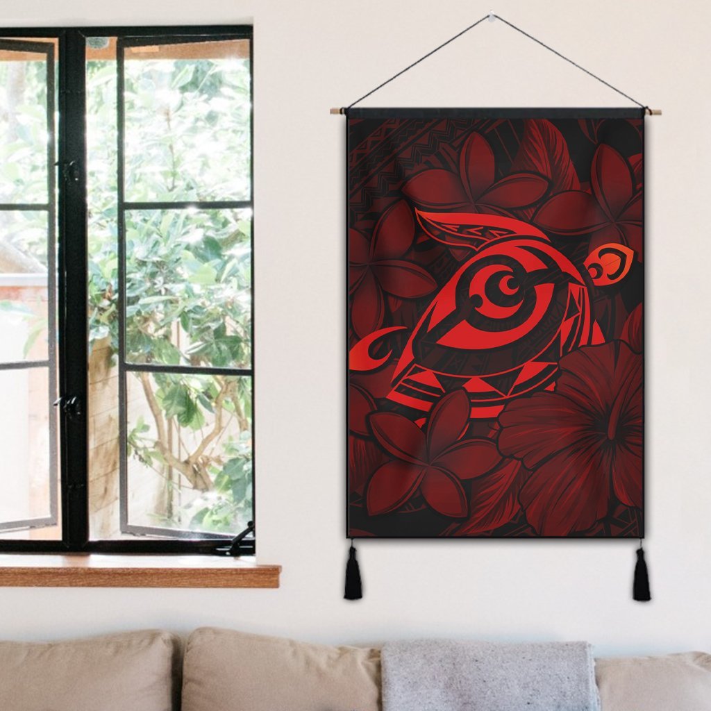 Hawaiian Turtle Hibiscus Plumeria Kanaka Polynesian Hanging Poster Red - Soft Style - AH - Polynesian Pride