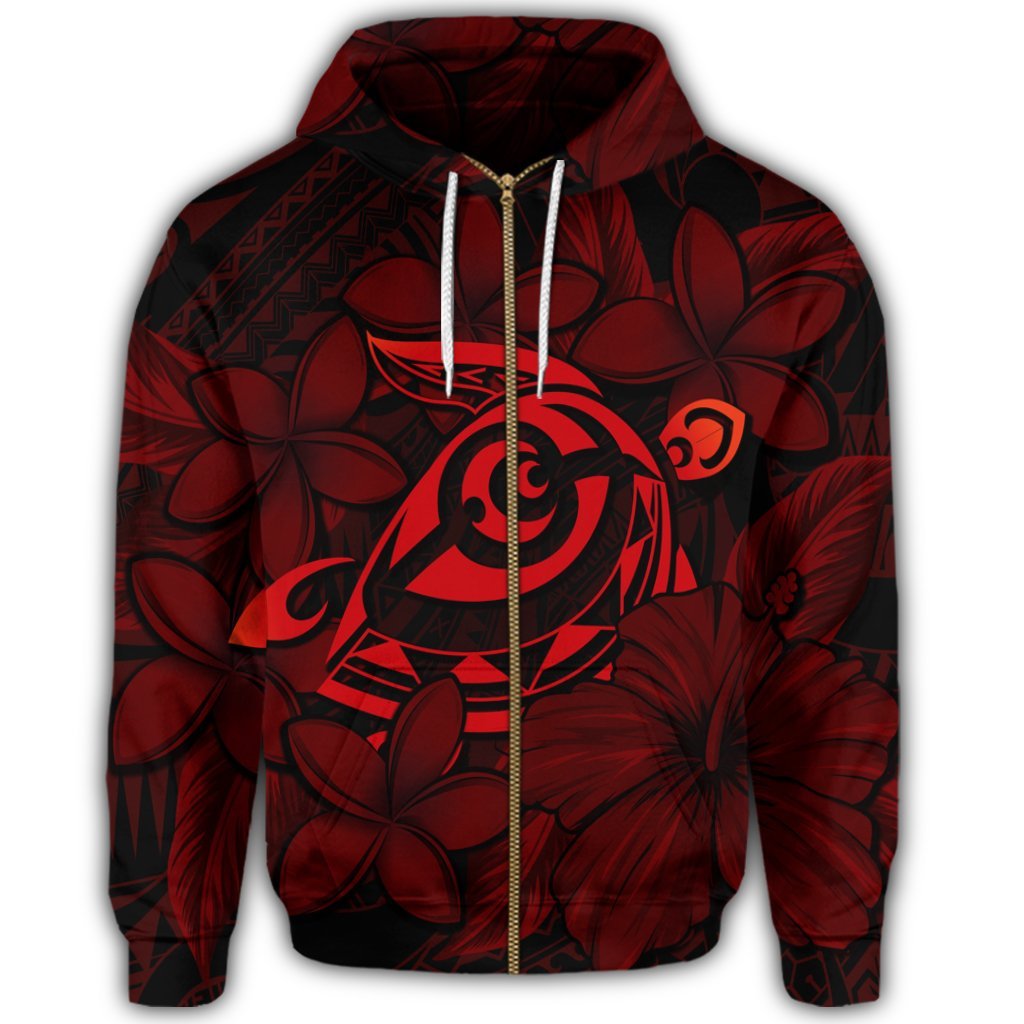 Hawaiian Turtle Hibiscus Plumeria Kanaka Polynesian Zip Hoodie Red Soft Style - Polynesian Pride