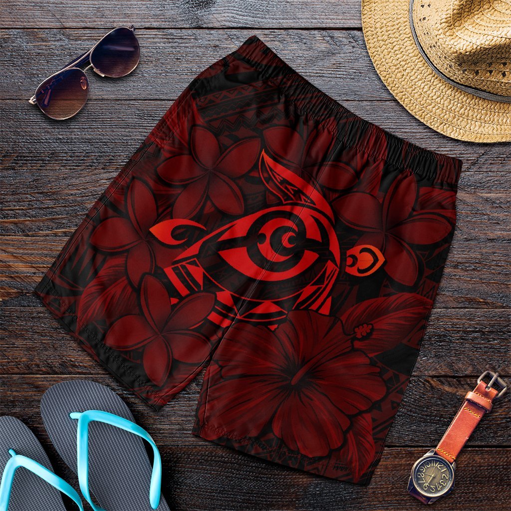Hawaiian Turtle Hibiscus Plumeria Kanaka Polynesian Men's Shorts Red - Soft Style - AH Art - Polynesian Pride
