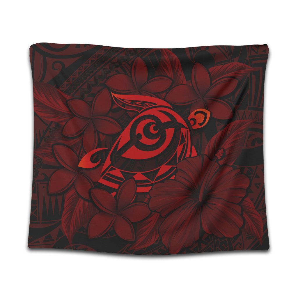 Hawaiian Turtle Hibiscus Plumeria Kanaka Polynesian Tapestry Red - Soft Style - AH Wall Tapestry Black - Polynesian Pride