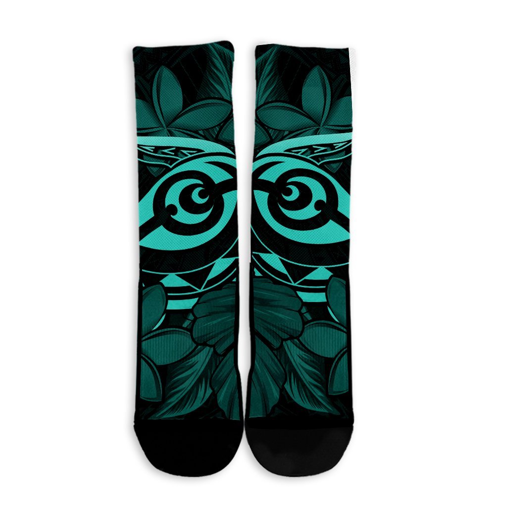 Hawaiian Turtle Hibiscus Plumeria Kanaka Polynesian Crew Socks Turquoise - Soft Style - AH - Polynesian Pride