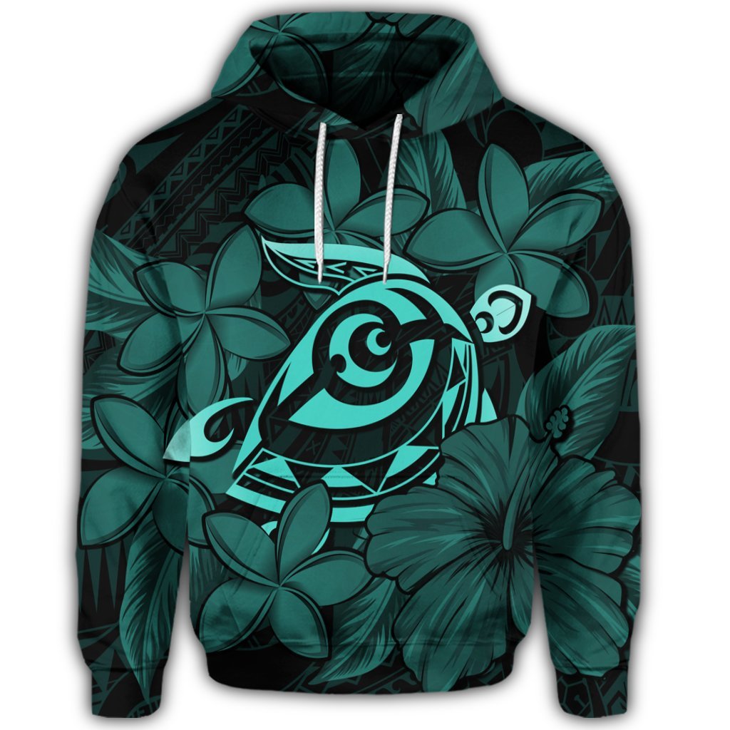 Hawaiian Turtle Hibiscus Plumeria Kanaka Polynesian Hoodie Turquoise Soft Style - Polynesian Pride