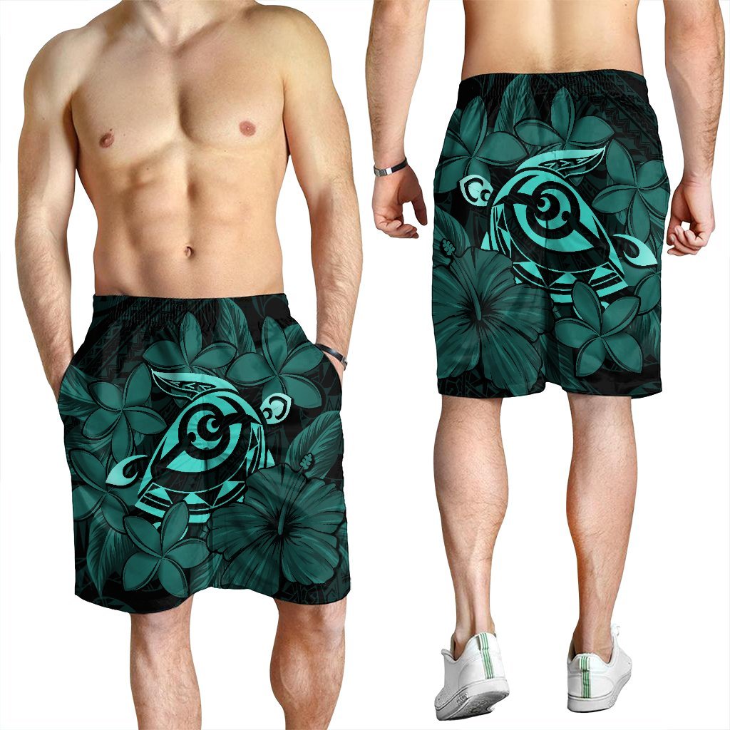 Hawaiian Turtle Hibiscus Plumeria Kanaka Polynesian Men's Shorts Turquoise - Soft Style - AH - Polynesian Pride