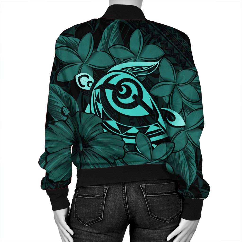 Hawaiian Turtle Hibiscus Plumeria Kanaka Polynesian Bomber Jacket Turquoise - Soft Style - AH - Polynesian Pride