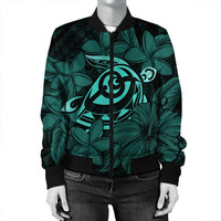 Hawaiian Turtle Hibiscus Plumeria Kanaka Polynesian Bomber Jacket Turquoise - Soft Style - AH - Polynesian Pride