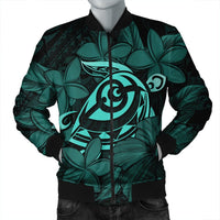 Hawaiian Turtle Hibiscus Plumeria Kanaka Polynesian Bomber Jacket Turquoise - Soft Style - AH Black Unisex - Polynesian Pride