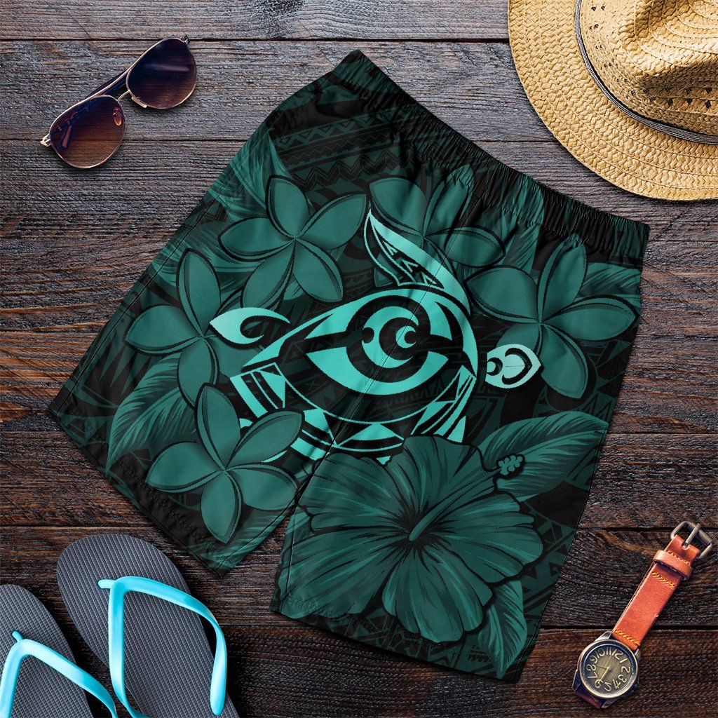Hawaiian Turtle Hibiscus Plumeria Kanaka Polynesian Men's Shorts Turquoise - Soft Style - AH Art - Polynesian Pride