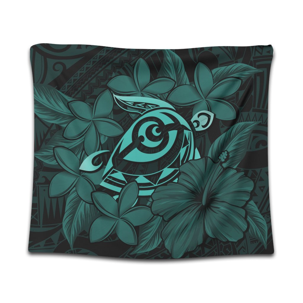 Hawaiian Turtle Hibiscus Plumeria Kanaka Polynesian Tapestry Turquoise - Soft Style - AH Wall Tapestry Black - Polynesian Pride