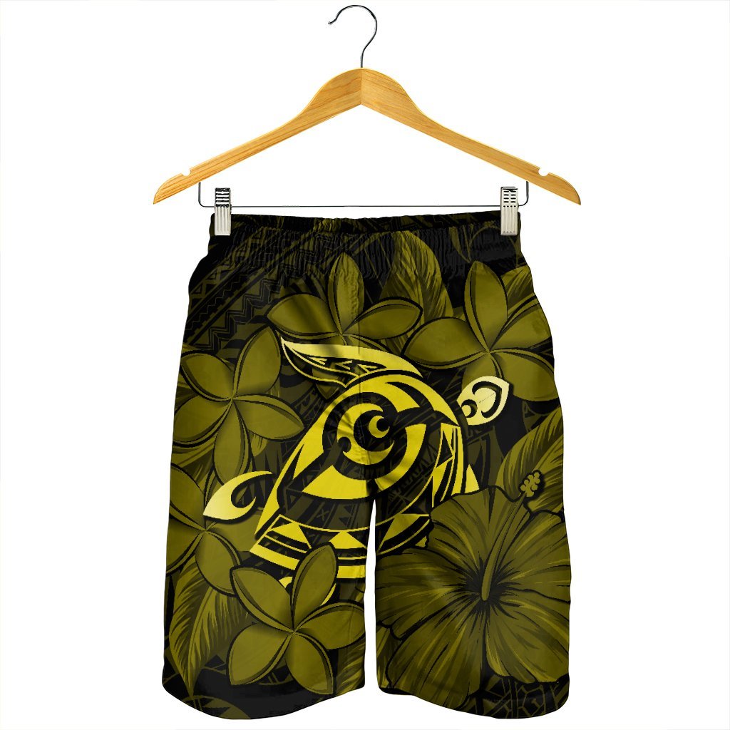 Hawaiian Turtle Hibiscus Plumeria Kanaka Polynesian Men's Shorts Yellow - Soft Style - AH - Polynesian Pride