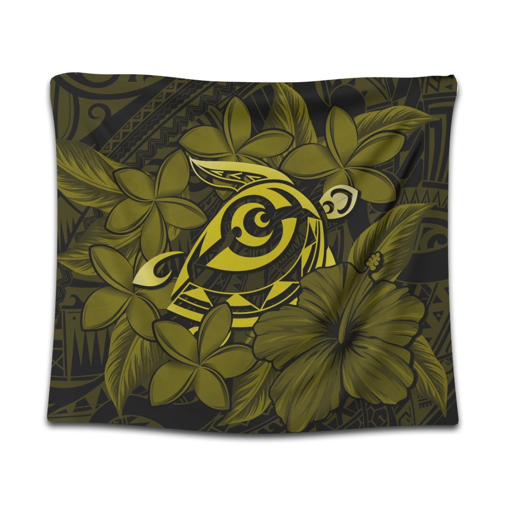 Hawaiian Turtle Hibiscus Plumeria Kanaka Polynesian Tapestry Yellow - Soft Style - AH Wall Tapestry Black - Polynesian Pride